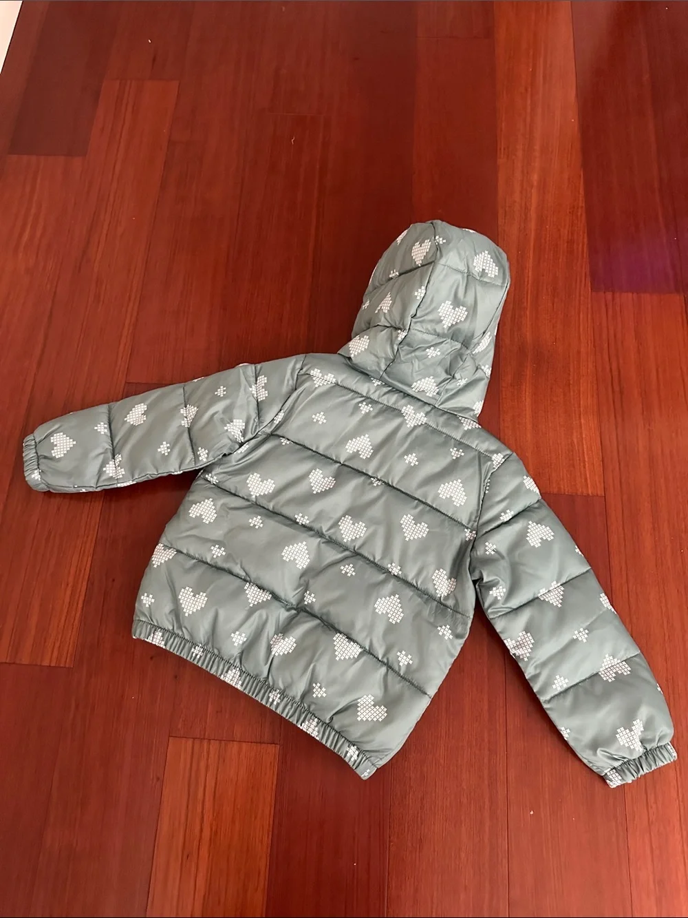 Toddler Hooded Puffer Jacket in Mint with Heart Print - 3T